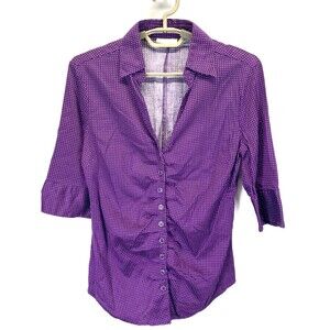 New York And Co Women’ Medium Blouse Purple White Dots 3/4 Sleeve Stretch V-Neck